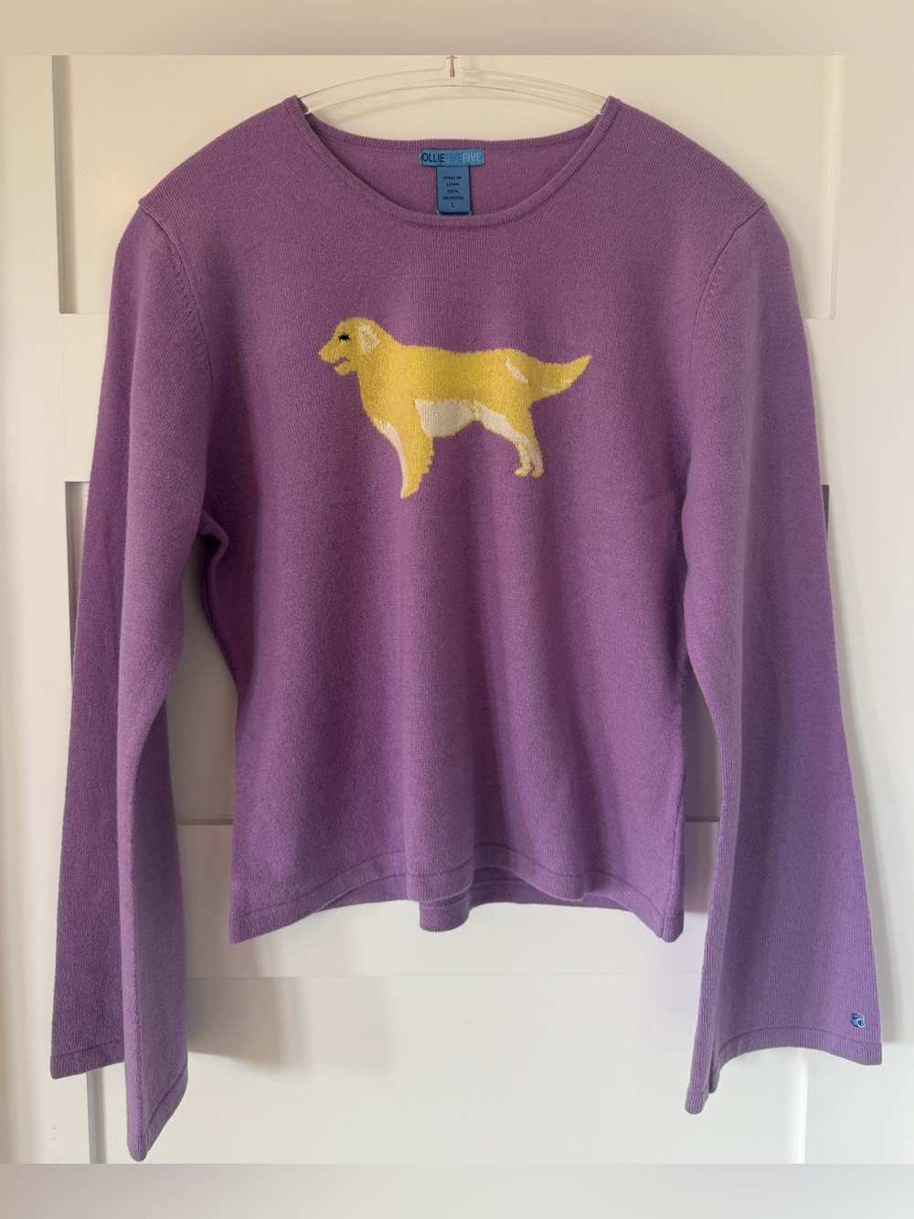 Women’s 100% Cashmere Sweater Medium Lavender OllieFiveFive Lab Dog NWT